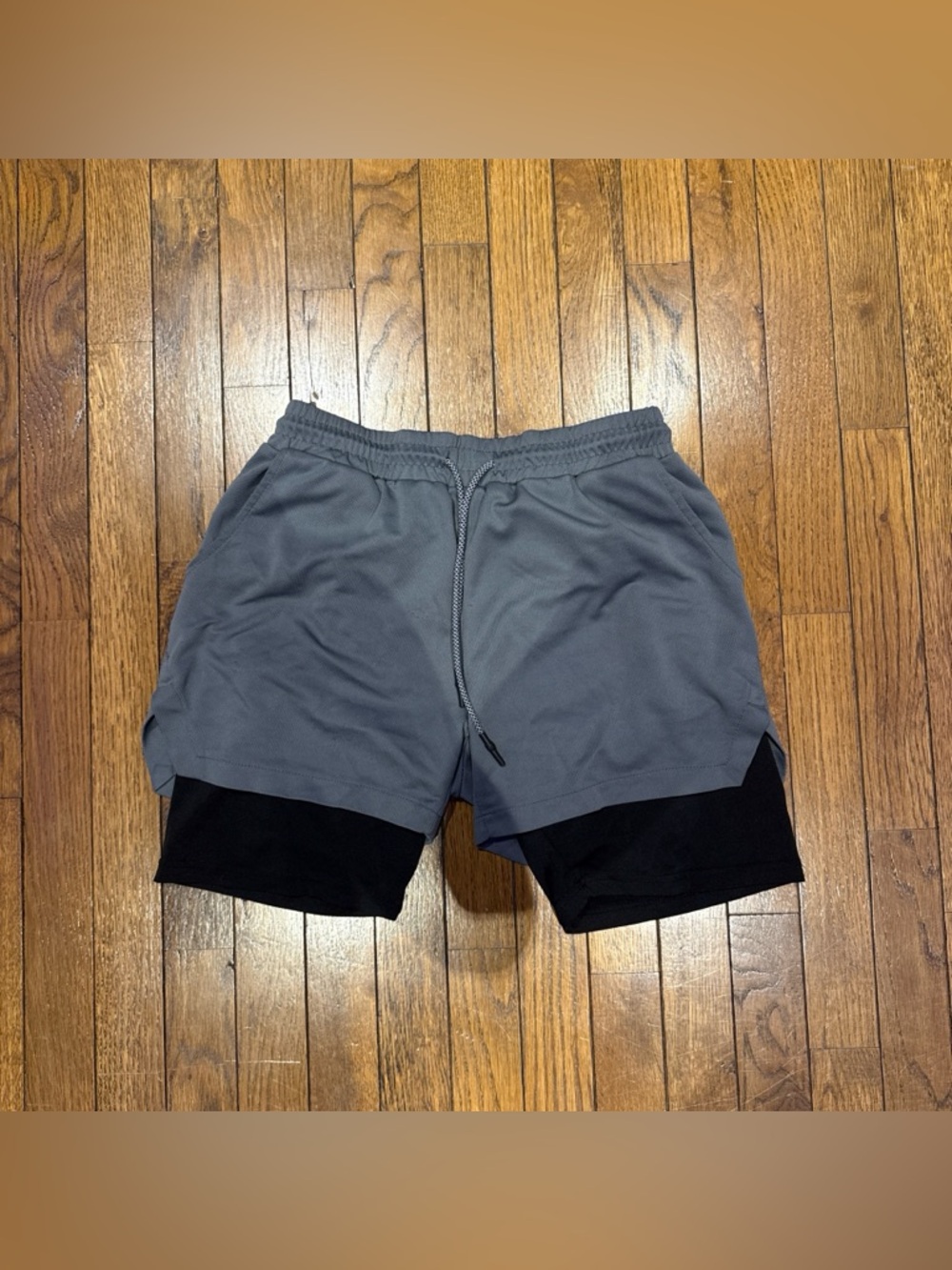 Men's Two-Layer Gray/Black Athletic/Swim Shorts - Drawstring Waist